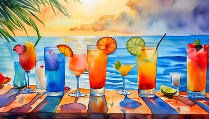 Wall Mural - Surreal watercolor art featuring a young man surrounded by vibrant cocktail glasses, capturing the essence of fantasy, relaxation, and lively social gatherings