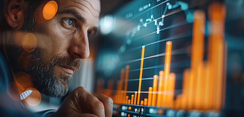 Fototapete - Businessman analyzes graph of trend market growth in 2025 and plans business growth and profit increases. calculates financial data for long-term investments. Generative AI.