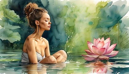 Wall Mural - Serene Meditation Woman Surrounded by Lotus Flowers in Watercolor, Embracing Spa Wellness and Relaxation