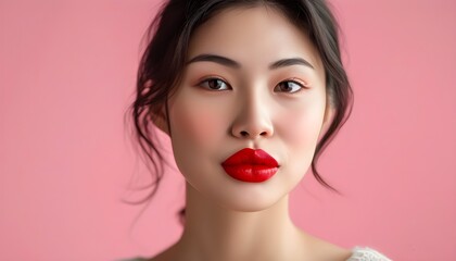 Wall Mural - Elegant close-up portrait of a young woman applying vibrant red lipstick against a soft pastel background, showcasing beauty and luxury in cosmetics.