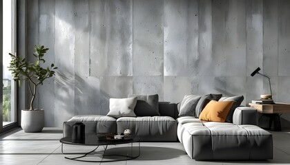 Wall Mural - Industrial loft-style concrete wall with textured tiles in a panoramic gray background design