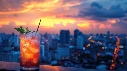 Poster - A vibrant cocktail with tropical flavors sitting on a rooftop bar counter with a clear view of a bustling cityscape at twilight. Generative AI.