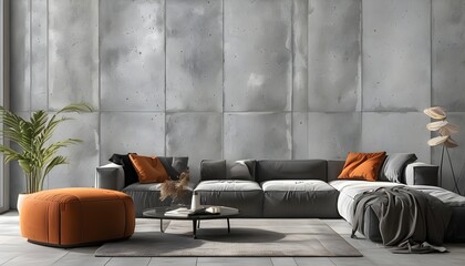 Wall Mural - Industrial loft-style concrete wall with textured tiles in a panoramic gray background design