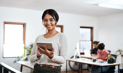 Poster - Creative, office and portrait of woman with tablet for web development, project and communication. Developer, smile and happy with technology at IT startup for ux planning, info or review of database