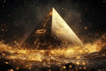 A golden pyramid with a black background and gold shapes 