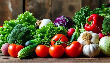 Wall Mural - Colorful assortment of fresh organic vegetables on a rustic wooden table, highlighting healthy food choices and natural cooking inspiration