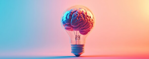 An illuminated light bulb with a colorful brain inside representing creativity and innovation in a surreal conceptual art piece