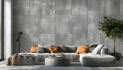 Wall Mural - Industrial loft-style concrete wall with textured tiles in a panoramic gray background design