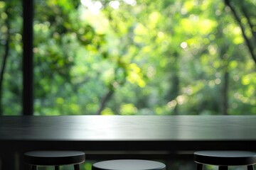 Copy space on modern black dining table, stools over blurred green forrest view in background with generative ai