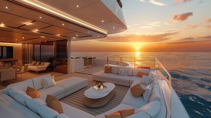 Wall Mural - A modern yacht deck with outdoor seating and an open kitchen, overlooking the ocean at sunset. In front of it is a large window that reveals part of a luxurious living room. Generative AI.