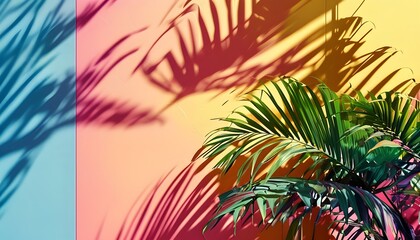 Vibrant iridescent palm leaf casting intricate shadows against a colorful wall, showcasing natures beauty and light effects in a dynamic mockup design