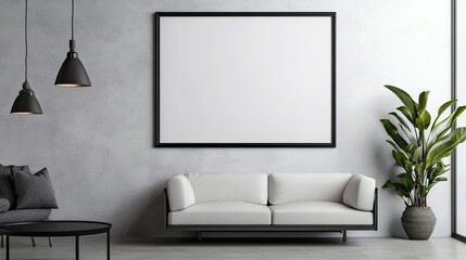 Wall Mural - White blank wall with a black frame mockup, placed in a modern living room interior, ideal for showcasing artwork or photography in a stylish, contemporary space.