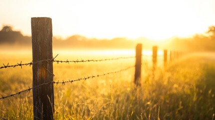 Wall Mural - Soft morning light bathes the peaceful meadow in a golden hue, highlighting barbed wire fencing as the sun rises over the horizon, creating a serene atmosphere