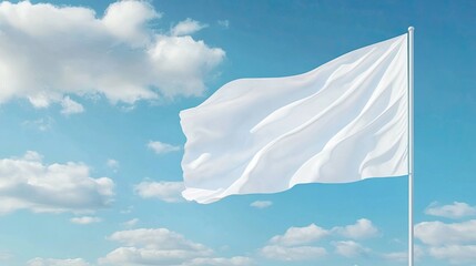 white flag blank waving in mockup template design against a blue sky with clouds, perfect for custom