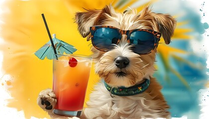 Wall Mural - Chic Canine in Shades Sipping Tropical Cocktail on Sunlit Beach, Embracing Summer Vibes and Relaxation in Vibrant Watercolor Art