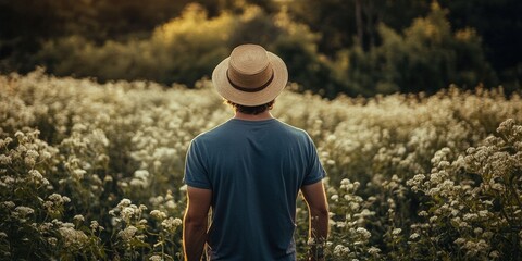 A man stands in a field of plants