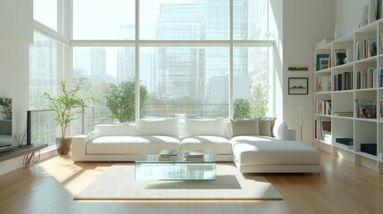 Wall Mural - This contemporary living room features a spacious white sectional sofa and a glass coffee table, illuminated by sunlight streaming through large windows, offering views of the city