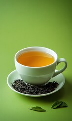 Cup of soothing green tea with loose black tea leaves on a green background for a relaxing organic beverage presentation