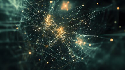 Poster - A dark, abstract space is punctuated by bright nodes and geometric lines representing AI systems, with soft light emanating a sense of quiet thankfulness.