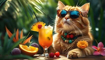 Wall Mural - Charming feline in sunglasses savoring a tropical fruit cocktail, embodying summer vibes and vacation spirit in a vibrant graphic illustration