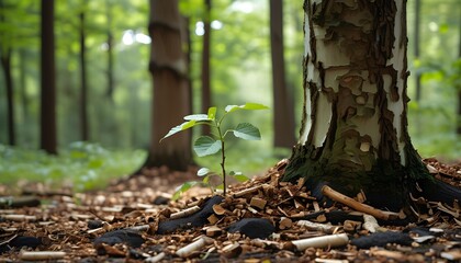 Wall Mural - Sustainable Farming with Recycled Wood Chips Enriching Soil from Tree Bark Mulching