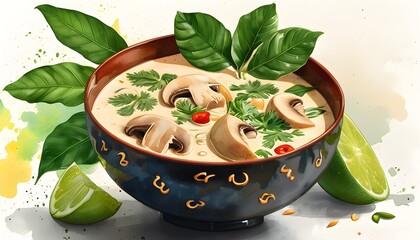 Wall Mural - Artistic depiction of Tom Kha Gai featuring chicken and mushrooms in coconut milk broth, showcasing the essence of traditional Thai cuisine with fresh herbs.