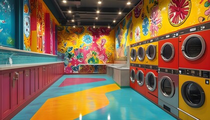 Wall Mural - Vibrant urban laundromat featuring artistic wall designs and modern machines in a lively, colorful interior setting