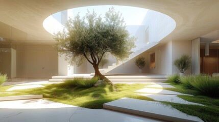 A small garden with grass and an olive tree in the middle of an open space. Interior design for luxury hotel lobby. Generative AI.