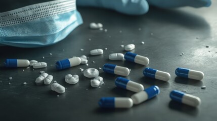 White and Blue Capsules Scattered on Metal Table with Surgical Mask and Gloves