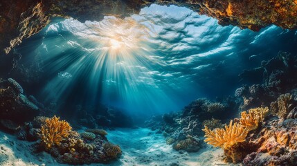 This captivating underwater cave reveals a vibrant ecosystem as sunlight streams through the surface, illuminating coral formations and marine life below