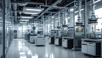 Futuristic laboratory filled with cutting-edge technology and advanced machinery in a pharmaceutical production environment