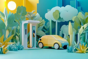 3D energy saving concept, made from paper craft,. EV car are charging at EV station. minimalist style. all made from paper, pastel color, bright blue, green, yellow tone.