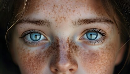 Wall Mural - Thoughtful gaze of a serene face with striking blue eyes and delicate freckles