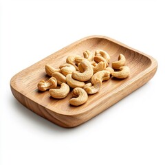 Wall Mural - Wooden tray with cashews, isolated on a white background.