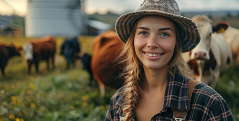 Wall Mural - A farmer, woman middle-aged, standing in front of a cute enormous biogas plant, smiling, surrounded by cows, rural landscape. Generative AI.