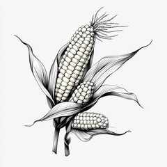 Continuous line art drawing of corn, isolated on a white background.