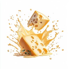 Wall Mural - Watercolor splash of cheese, isolated on a white background.