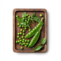 Wall Mural - Wooden tray with green peas, isolated on a white background.