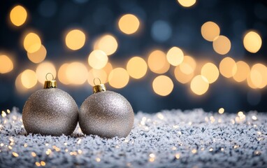 Two Silver Christmas ornaments rest on snow surrounded by twinkling lights, capturing the warmth of the holiday season.