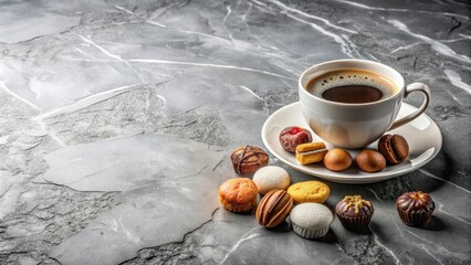 Poster - A cup of coffee with assorted sweets on a gray marble background, with selective focus