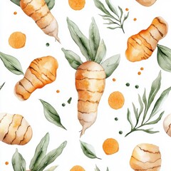 Wall Mural - Watercolor seamless pattern of turmeric root, isolated on a white background.