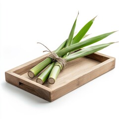 Wall Mural - Wooden tray with sugarcane, isolated on a white background.