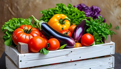 Wall Mural - Rustic wooden crate overflowing with vibrant fresh vegetables including eggplants, tomatoes, and green peppers on a textured backdrop