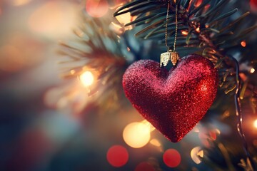 Wall Mural - Decorative heart on Christmas tree, closeup. Festive background. Beautiful Christmas heart on blurred background, closeup with generative ai