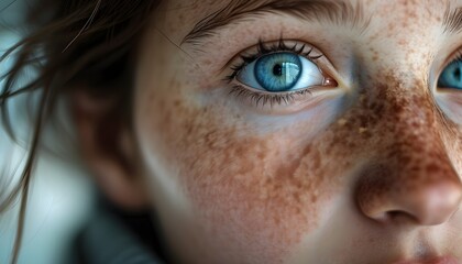 Wall Mural - Thoughtful gaze of a serene face with striking blue eyes and delicate freckles