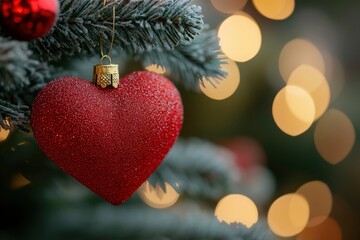 Wall Mural - Decorative heart on Christmas tree, closeup. Festive background. Beautiful Christmas heart on blurred background, closeup with generative ai