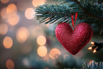 Wall Mural - Decorative heart on Christmas tree, closeup. Festive background. Beautiful Christmas heart on blurred background, closeup with generative ai