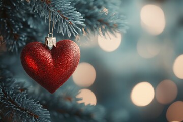 Wall Mural - Decorative heart on Christmas tree, closeup. Festive background. Beautiful Christmas heart on blurred background, closeup with generative ai