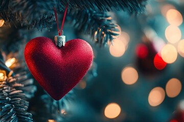 Wall Mural - Decorative heart on Christmas tree, closeup. Festive background. Beautiful Christmas heart on blurred background, closeup with generative ai