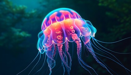 Mesmerizing neon jellyfish with flowing tentacles illuminating the depths of the ocean